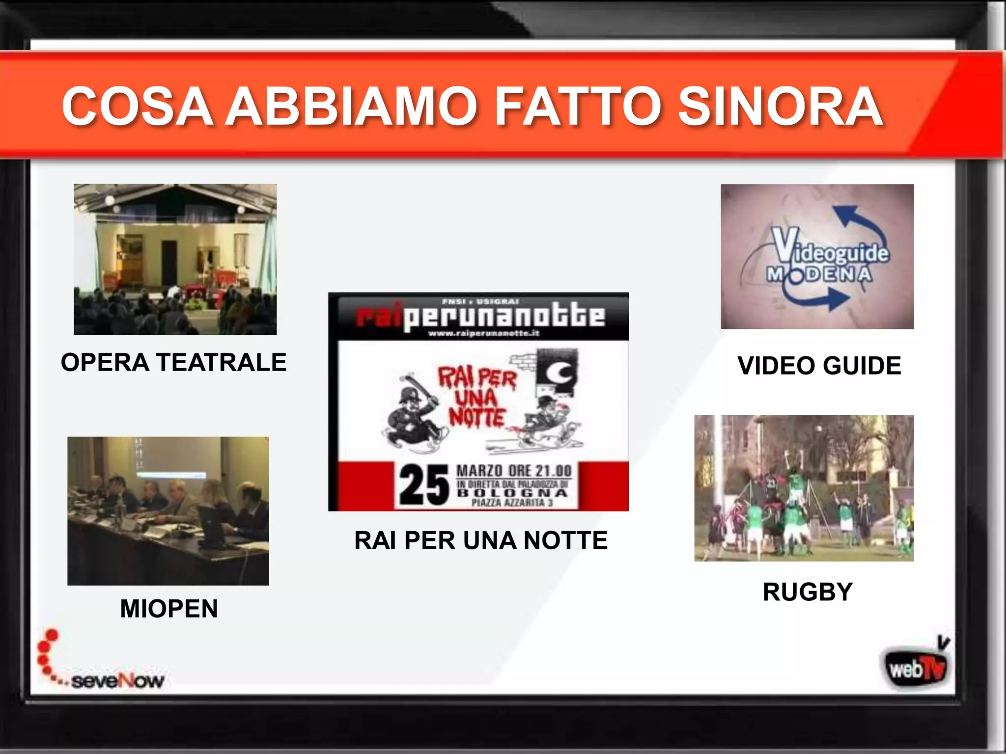 COSA ABBIAMO FATTO SINORA



OPERA TEATRALE                       VIDEO GUIDE




                 RAI PER UNA NOTTE

                                      RUGBY
   MIOPEN
 