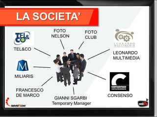 LA SOCIETA’
             FOTO         FOTO
            NELSON        CLUB

TEL&CO
                                  LEONARDO
                                  MULTIMEDIA



MILIARIS


FRANCESCO
DE MARCO                         CONSENSO
             GIANNI SGARBI
            Temporary Manager
 