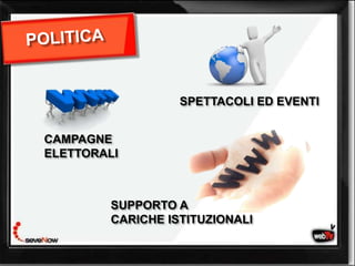 SPETTACOLI ED EVENTI


CAMPAGNE
ELETTORALI



         SUPPORTO A
               web tv
         CARICHE ISTITUZIONALI
 