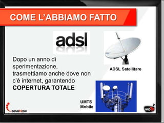 COME L’ABBIAMO FATTO



Dopo un anno di
sperimentazione,                ADSL Satellitare
trasmettiamo anche dove non
c’è internet, garantendo
COPERTURA TOTALE

                       UMTS
                       Mobile
 