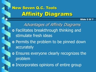 New Seven Q.C. Tools
Affinity Diagrams
Advantages of Affinity Diagrams
Facilitates breakthrough thinking and
stimulate fresh ideas
Permits the problem to be pinned down
accurately
Ensures everyone clearly recognizes the
problem
Incorporates opinions of entire group
Slide 2 0f 7
 
