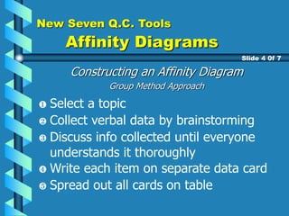 New Seven Q.C. Tools
Affinity Diagrams
Constructing an Affinity Diagram
Group Method Approach
Slide 4 0f 7
Select a topic
Collect verbal data by brainstorming
Discuss info collected until everyone
understands it thoroughly
Write each item on separate data card
Spread out all cards on table
 