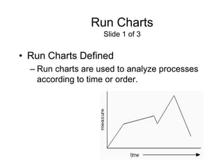 Run Charts
                    Slide 1 of 3


• Run Charts Defined
  – Run charts are used to analyze processes
    according to time or order.
 