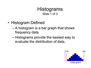 Histograms
                    Slide 1 of 3


• Histogram Defined
  – A histogram is a bar graph that shows
    frequency data.
  – Histograms provide the easiest way to
    evaluate the distribution of data.
 