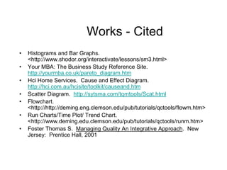 Works - Cited
•   Histograms and Bar Graphs.
    <http://www.shodor.org/interactivate/lessons/sm3.html>
•   Your MBA: The Business Study Reference Site.
    http://yourmba.co.uk/pareto_diagram.htm
•   Hci Home Services. Cause and Effect Diagram.
    http://hci.com.au/hcisite/toolkit/causeand.htm
•   Scatter Diagram. http://sytsma.com/tqmtools/Scat.html
•   Flowchart.
    <http://http://deming.eng.clemson.edu/pub/tutorials/qctools/flowm.htm>
•   Run Charts/Time Plot/ Trend Chart.
    <http://www.deming.edu.clemson.edu/pub/tutorials/qctools/runm.htm>
•   Foster Thomas S. Managing Quality An Integrative Approach. New
    Jersey: Prentice Hall, 2001
 