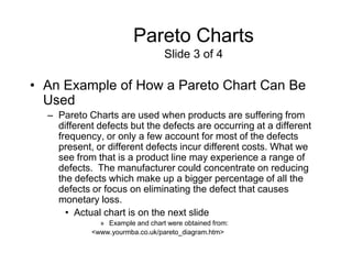Pareto Charts
                                 Slide 3 of 4

• An Example of How a Pareto Chart Can Be
  Used
  – Pareto Charts are used when products are suffering from
    different defects but the defects are occurring at a different
    frequency, or only a few account for most of the defects
    present, or different defects incur different costs. What we
    see from that is a product line may experience a range of
    defects. The manufacturer could concentrate on reducing
    the defects which make up a bigger percentage of all the
    defects or focus on eliminating the defect that causes
    monetary loss.
      • Actual chart is on the next slide
              » Example and chart were obtained from:
            <www.yourmba.co.uk/pareto_diagram.htm>
 