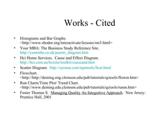 Works - Cited
• Histograms and Bar Graphs.
<http://www.shodor.org/interactivate/lessons/sm3.html>
• Your MBA: The Business Study Reference Site.
http://yourmba.co.uk/pareto_diagram.htm
• Hci Home Services. Cause and Effect Diagram.
http://hci.com.au/hcisite/toolkit/causeand.htm
• Scatter Diagram. http://sytsma.com/tqmtools/Scat.html
• Flowchart.
<http://http://deming.eng.clemson.edu/pub/tutorials/qctools/flowm.htm>
• Run Charts/Time Plot/ Trend Chart.
<http://www.deming.edu.clemson.edu/pub/tutorials/qctools/runm.htm>
• Foster Thomas S. Managing Quality An Integrative Approach. New Jersey:
Prentice Hall, 2001
 