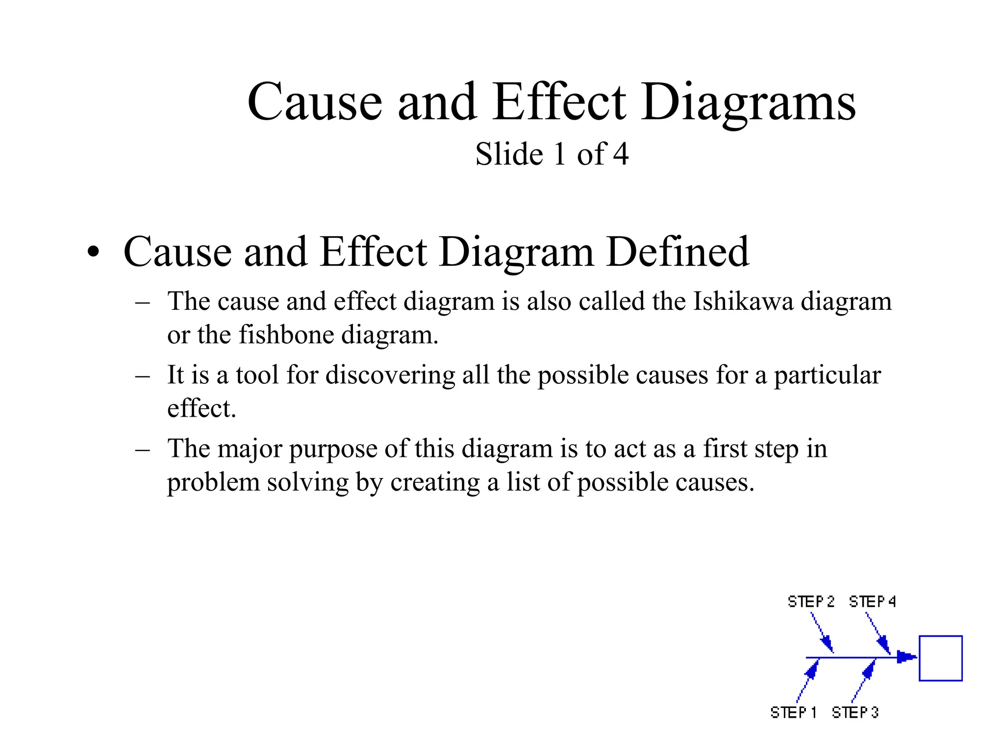 Cause and Effect Diagrams
Slide 1 of 4
• Cause and Effect Diagram Defined
– The cause and effect diagram is also called the Ishikawa diagram
or the fishbone diagram.
– It is a tool for discovering all the possible causes for a particular
effect.
– The major purpose of this diagram is to act as a first step in
problem solving by creating a list of possible causes.
 