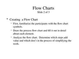 Flow Charts
Slide 2 of 3
• Creating a Flow Chart
– First, familiarize the participants with the flow chart
symbols.
– Draw the process flow chart and fill it out in detail
about each element.
– Analyze the flow chart. Determine which steps add
value and which don’t in the process of simplifying the
work.
 