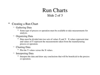 Run Charts
Slide 2 of 3
• Creating a Run Chart
– Gathering Data
• Some type of process or operation must be available to take measurements for
analysis.
– Organizing Data
• Data must be divided into two sets of values X and Y. X values represent time
and values of Y represent the measurements taken from the manufacturing
process or operation.
– Charting Data
• Plot the Y values versus the X values.
– Interpreting Data
• Interpret the data and draw any conclusions that will be beneficial to the process
or operation.
 