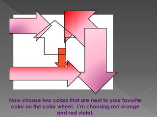 Now choose two colors that are next to your favorite
color on the color wheel. I’m choosing red orange
and red violet.

 
