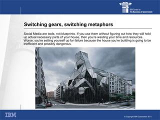 Switching gears, switching metaphors Social Media are tools, not blueprints. If you use them without figuring out how they will hold up actual necessary parts of your house, then you’re wasting your time and resources.  Worse, you’re setting yourself up for failure because the house you’re building is going to be inefficient and possibly dangerous.   
