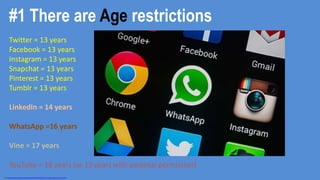 Twitter = 13 years
Facebook = 13 years
Instagram = 13 years
Snapchat = 13 years
Pinterest = 13 years
Tumblr = 13 years
LinkedIn = 14 years
WhatsApp =16 years
Vine = 17 years
YouTube = 18 years (or 13 years with parental permission)
#1 There are Age restrictions
From http://www.adweek.com/socialtimes/files/2014/09/social-media-age-restrictions.png