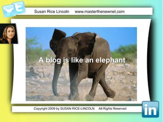 Your blog has infinitebenefits…Establishesyou as a thought leaderIncreases your credibilityAllowsyou to converse with consumers and prospectsGivesyou a veryclearidea of what is important to people in your marketIs a keylaunching pad into social media 