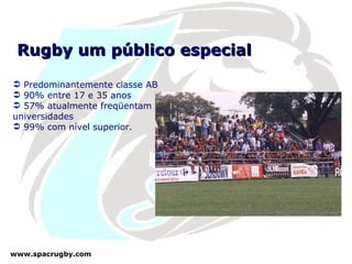 Rugby um público especial Predominantemente classe AB 90% entre 17 e 35 anos 57% atualmente freqüentam universidades 99% com nível superior. 