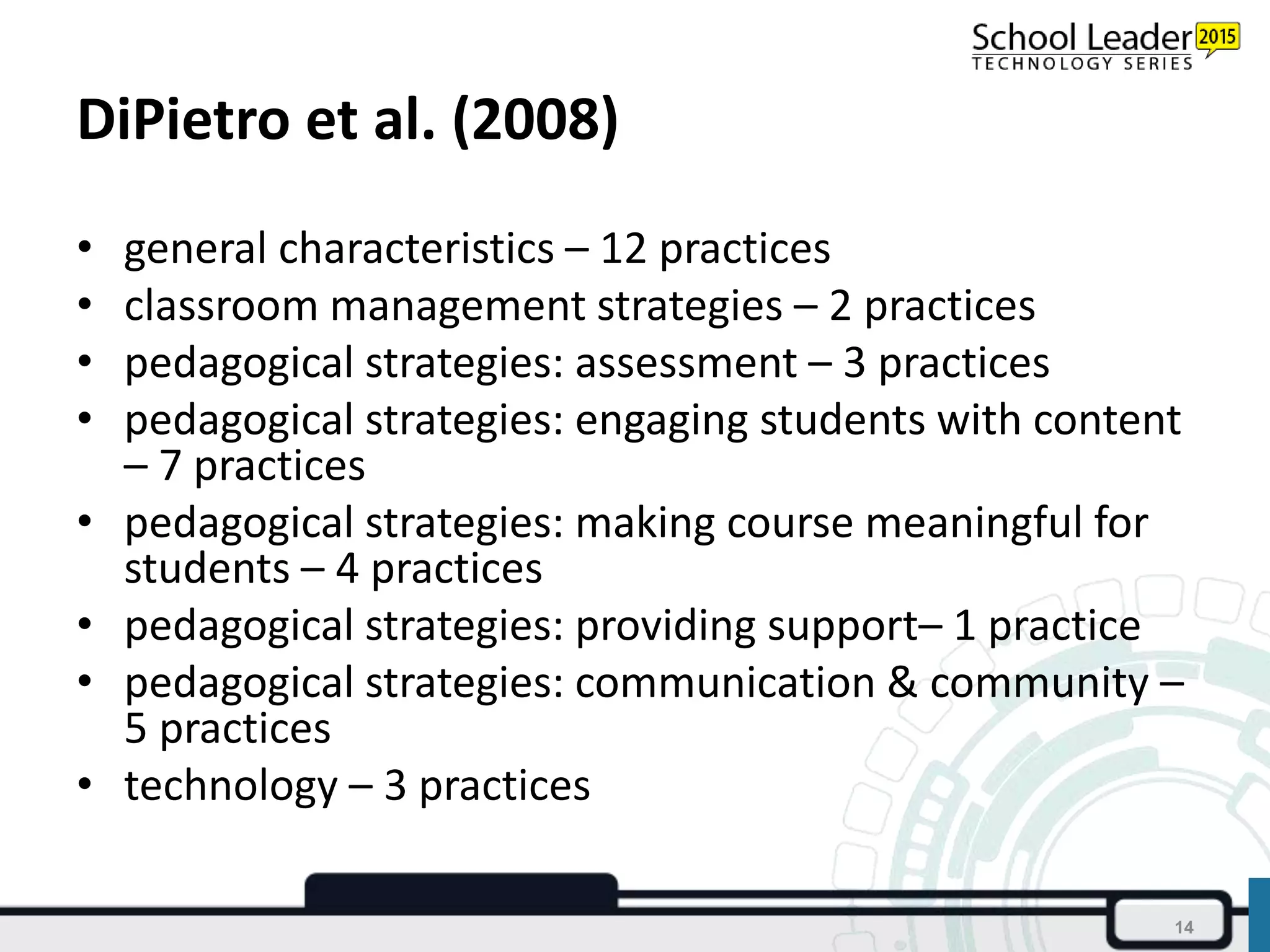 DiPietro et al. (2008)
• general characteristics – 12 practices
• classroom management strategies – 2 practices
• pedagogical strategies: assessment – 3 practices
• pedagogical strategies: engaging students with content
– 7 practices
• pedagogical strategies: making course meaningful for
students – 4 practices
• pedagogical strategies: providing support– 1 practice
• pedagogical strategies: communication & community –
5 practices
• technology – 3 practices
14
 