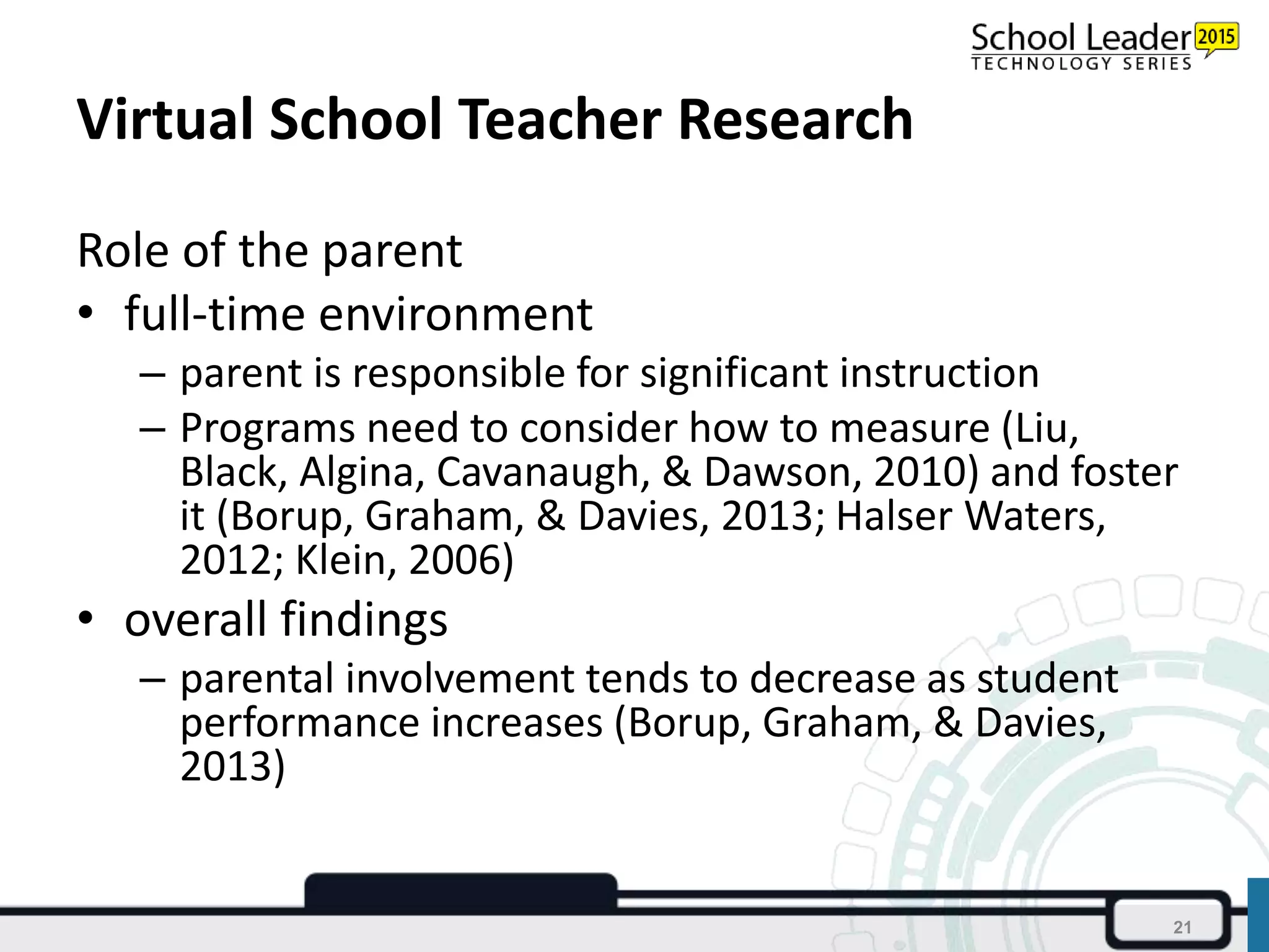 Virtual School Teacher Research
Role of the parent
• full-time environment
– parent is responsible for significant instruction
– Programs need to consider how to measure (Liu,
Black, Algina, Cavanaugh, & Dawson, 2010) and foster
it (Borup, Graham, & Davies, 2013; Halser Waters,
2012; Klein, 2006)
• overall findings
– parental involvement tends to decrease as student
performance increases (Borup, Graham, & Davies,
2013)
21
 