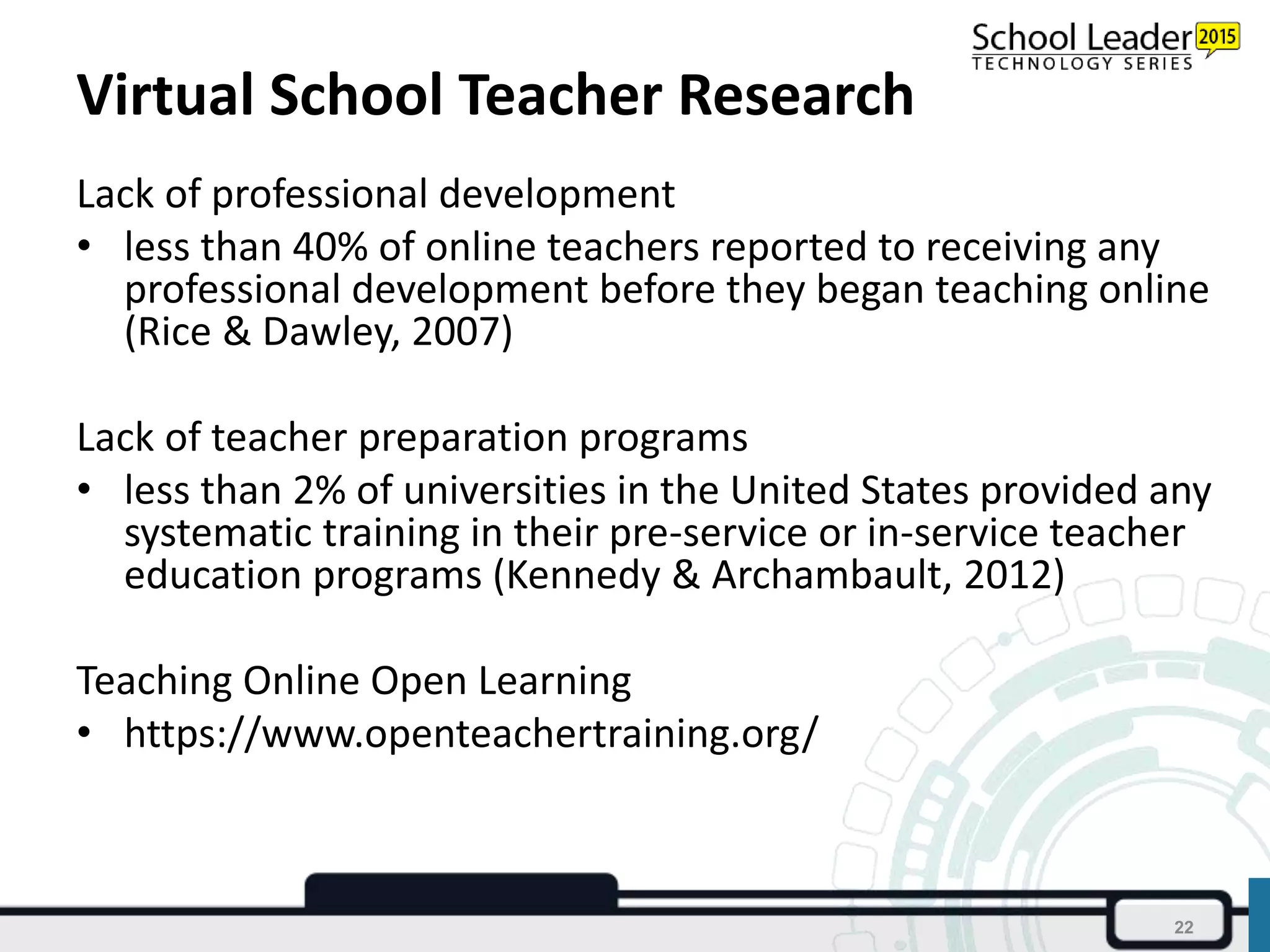 Virtual School Teacher Research
Lack of professional development
• less than 40% of online teachers reported to receiving any
professional development before they began teaching online
(Rice & Dawley, 2007)
Lack of teacher preparation programs
• less than 2% of universities in the United States provided any
systematic training in their pre-service or in-service teacher
education programs (Kennedy & Archambault, 2012)
Teaching Online Open Learning
• https://www.openteachertraining.org/
22
 