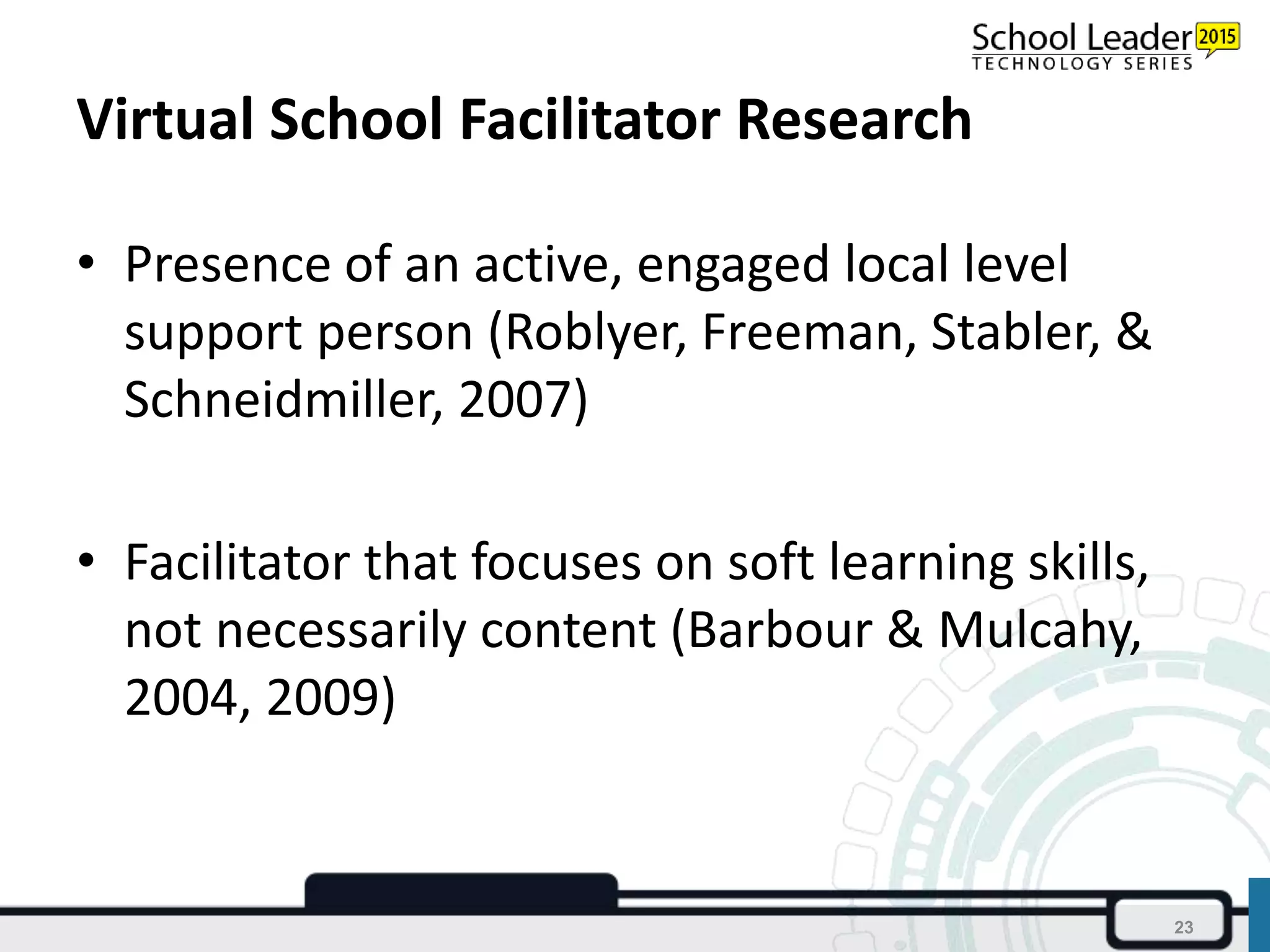 Virtual School Facilitator Research
• Presence of an active, engaged local level
support person (Roblyer, Freeman, Stabler, &
Schneidmiller, 2007)
• Facilitator that focuses on soft learning skills,
not necessarily content (Barbour & Mulcahy,
2004, 2009)
23
 