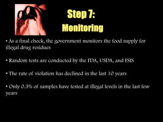 • As a final check, the government monitors the food supply for
illegal drug residues

• Random tests are conducted by the FDA, USDA, and FSIS

• The rate of violation has declined in the last 10 years

• Only 0.3% of samples have tested at illegal levels in the last few
years
 