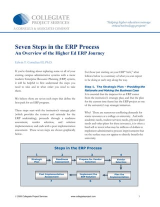 © 2006 Collegiate Project Services www.collegiateproject.com 1
Seven Steps in the ERP Process
An Overview of the Higher Ed ERP Journey
Edwin T. Cornelius III, Ph.D.
If you’re thinking about replacing some or all of your
existing campus administrative systems with a more
modern Enterprise Resource Planning (ERP) system,
it will be helpful to first understand the steps you
need to take and in what order you need to take
them.
We believe there are seven such steps that define the
best path for an ERP program.
These steps start with the institution’s strategic plan
(which provides the context and rationale for the
ERP undertaking), proceeds through a readiness
assessment, vendor selection, and solution
implementation; and ends with a post implementation
assessment. These seven steps are shown graphically
below.
For those just starting on your ERP “trek,” what
follows below is a summary of what you can expect
to be doing at each step along the way.
Step 1. The Strategic Plan – Providing the
Rationale and Making the Business Case
It is essential that the impetus for an ERP comes
from the institution’s strategic plan, and that the plan
for the current time frame has the ERP project as one
of the university’s top strategic initiatives.
Why? There are numerous conflicting demands for
scarce resources at a college or university. And with
academic needs, student services needs, physical plant
needs and other plans for these resources, it is often a
hard sell to invest what may be millions of dollars to
implement administrative process improvements that
on the surface may not appear to directly benefit the
university.
Steps in the ERP Process
Strategic
Plan
Readiness
Assessment
Prepare for Vendor
Selection
1 2
Implement the
ERP Solution
Post Implementation
Assessment
7
Vendor
Selection
3 4
Plan the
Implementation
5
6
 