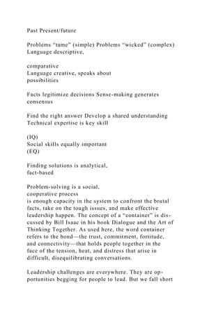 Past Present/future
Problems “tame” (simple) Problems “wicked” (complex)
Language descriptive,
comparative
Language creative, speaks about
possibilities
Facts legitimize decisions Sense-making generates
consensus
Find the right answer Develop a shared understanding
Technical expertise is key skill
(IQ)
Social skills equally important
(EQ)
Finding solutions is analytical,
fact-based
Problem-solving is a social,
cooperative process
is enough capacity in the system to confront the brutal
facts, take on the tough issues, and make effective
leadership happen. The concept of a “container” is dis-
cussed by Bill Isaac in his book Dialogue and the Art of
Thinking Together. As used here, the word container
refers to the bond—the trust, commitment, fortitude,
and connectivity—that holds people together in the
face of the tension, heat, and distress that arise in
difficult, disequilibrating conversations.
Leadership challenges are everywhere. They are op-
portunities begging for people to lead. But we fall short
 