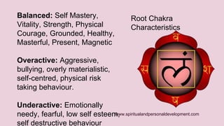 www.spiritualandpersonaldevelopment.com 
Balanced: Self Mastery, 
Vitality, Strength, Physical 
Courage, Grounded, Healthy, 
Masterful, Present, Magnetic 
Overactive: Aggressive, 
bullying, overly materialistic, 
self-centred, physical risk 
taking behaviour. 
Underactive: Emotionally 
needy, fearful, low self esteem, 
self destructive behaviour 
Root Chakra 
Characteristics 
 