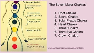 The Seven Major Chakras 
1. Root Chakra 
2. Sacral Chakra 
3. Solar Plexus Chakra 
4. Heart Chakra 
5. Throat Chakra 
6. Third Eye Chakra 
7. Crown Chakra 
www.spiritualandpersonaldevelopment.com 
 
