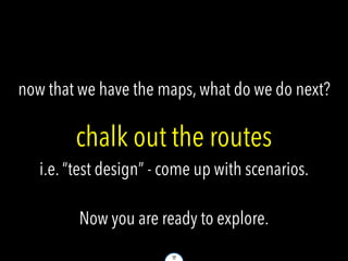 17
chalk out the routes
i.e. “test design” - come up with scenarios.
now that we have the maps, what do we do next?
Now yo...