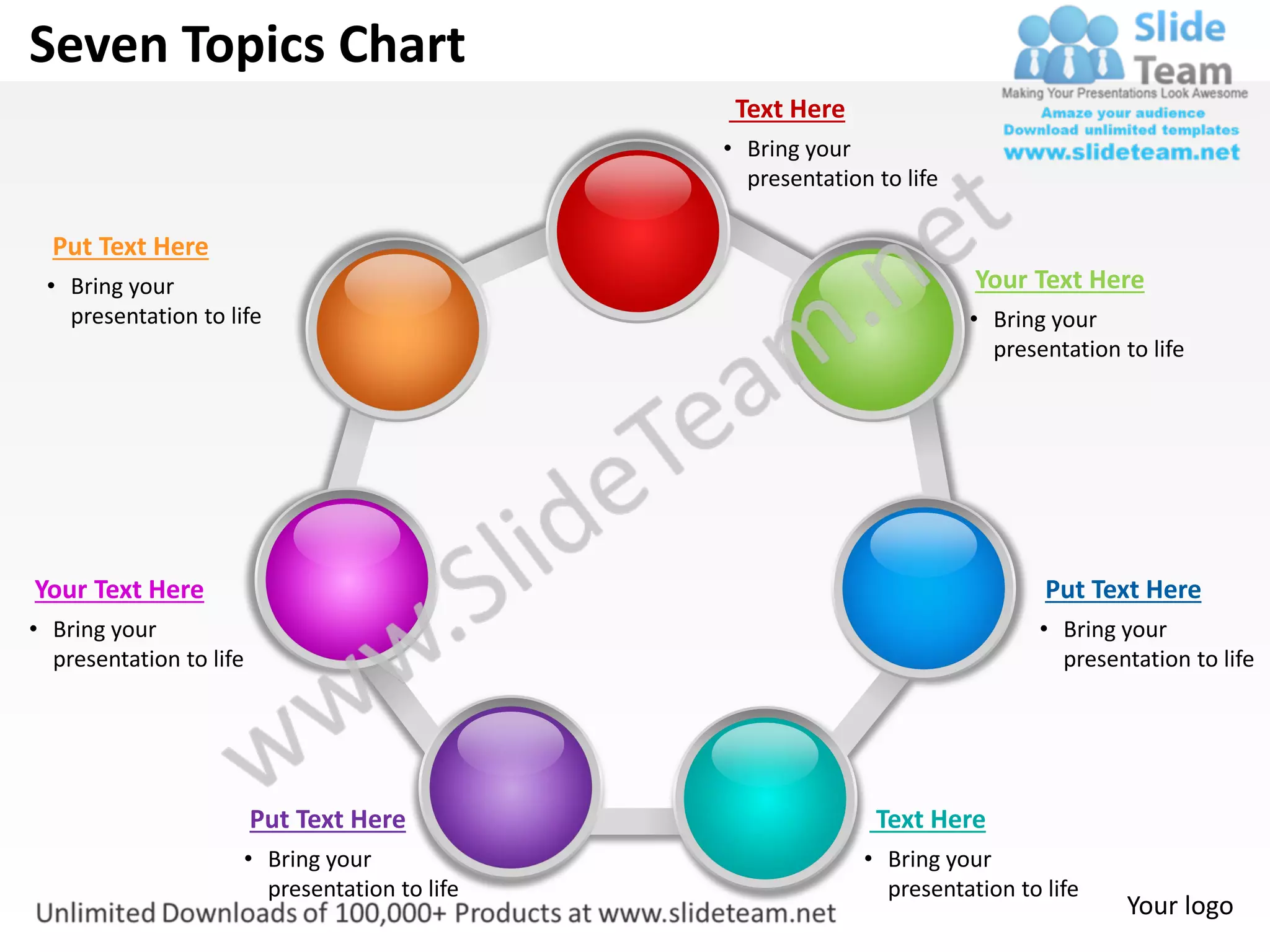 Seven Topics Chart
                                               Text Here
                                              • Bring your
                                                presentation to life

  Put Text Here
 • Bring your                                                          Your Text Here
   presentation to life                                                • Bring your
                                                                         presentation to life




Your Text Here                                                                Put Text Here
• Bring your                                                                  • Bring your
  presentation to life                                                          presentation to life




                         Put Text Here                       Text Here
                     • Bring your                           • Bring your
                       presentation to life                   presentation to life
                                                                                       Your logo
 
