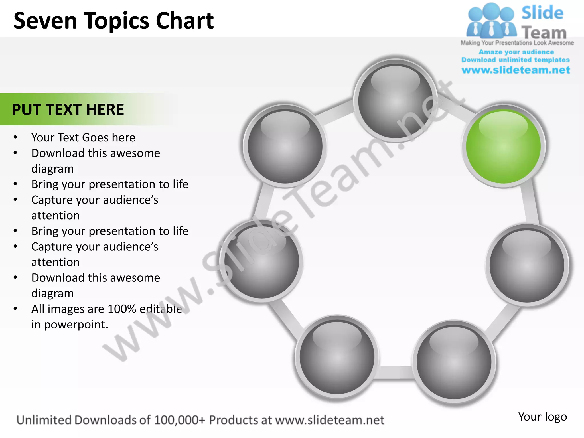 Seven Topics Chart


PUT TEXT HERE
•   Your Text Goes here
•   Download this awesome
    diagram
•   Bring your presentation to life
•   Capture your audience’s
    attention
•   Bring your presentation to life
•   Capture your audience’s
    attention
•   Download this awesome
    diagram
•   All images are 100% editable
    in powerpoint.




                                      Your logo
 