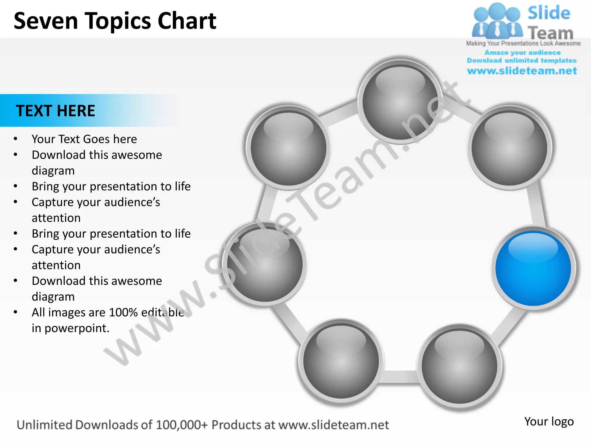 Seven Topics Chart


TEXT HERE
•   Your Text Goes here
•   Download this awesome
    diagram
•   Bring your presentation to life
•   Capture your audience’s
    attention
•   Bring your presentation to life
•   Capture your audience’s
    attention
•   Download this awesome
    diagram
•   All images are 100% editable
    in powerpoint.




                                      Your logo
 