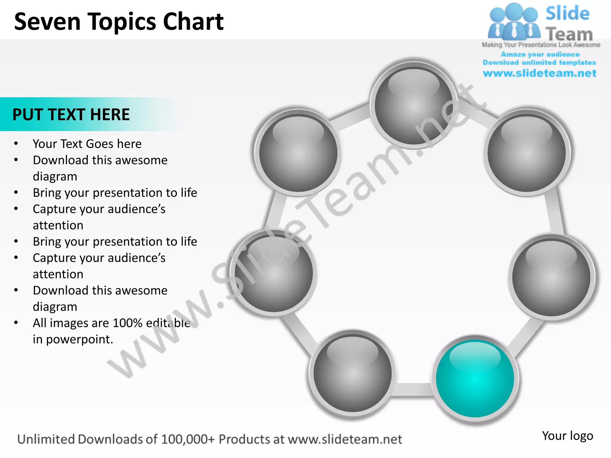 Seven Topics Chart


PUT TEXT HERE
•   Your Text Goes here
•   Download this awesome
    diagram
•   Bring your presentation to life
•   Capture your audience’s
    attention
•   Bring your presentation to life
•   Capture your audience’s
    attention
•   Download this awesome
    diagram
•   All images are 100% editable
    in powerpoint.




                                      Your logo
 