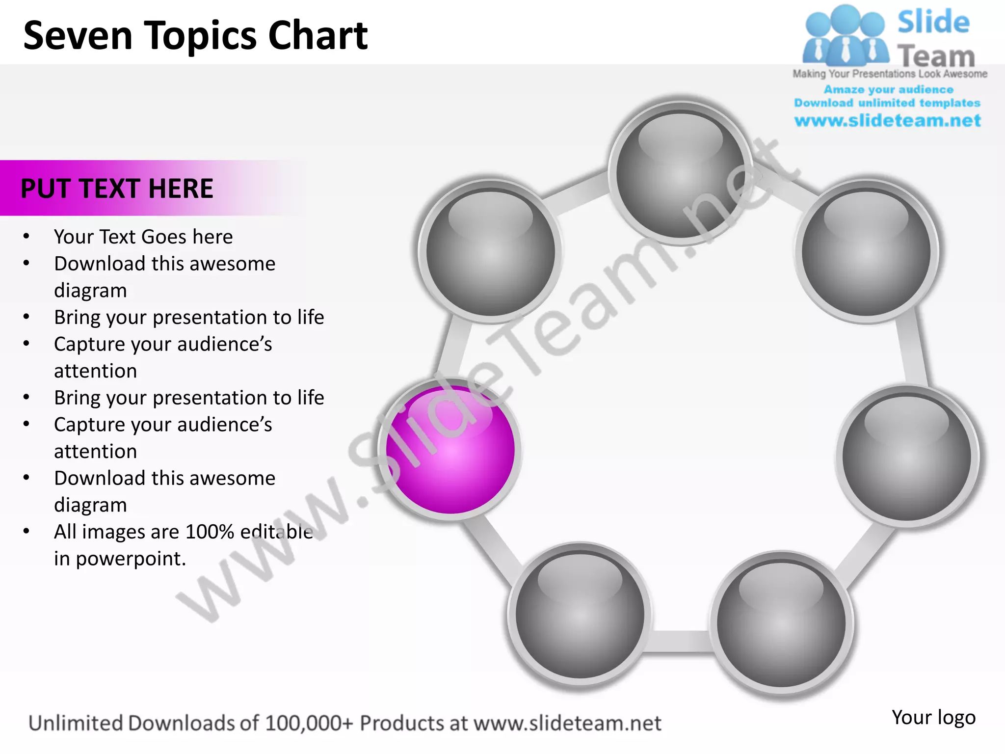Seven Topics Chart


PUT TEXT HERE
•   Your Text Goes here
•   Download this awesome
    diagram
•   Bring your presentation to life
•   Capture your audience’s
    attention
•   Bring your presentation to life
•   Capture your audience’s
    attention
•   Download this awesome
    diagram
•   All images are 100% editable
    in powerpoint.




                                      Your logo
 