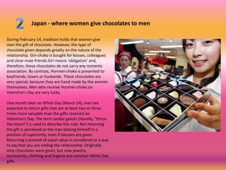 Japan - where women give chocolates to men

During February 14, tradition holds that women give
men the gift of chocolate. However, the type of
chocolate given depends greatly on the nature of the
relationship. Giri-choko is bought for bosses, colleagues
and close male friends.Giri means ‘obligation' and,
therefore, these chocolates do not carry any romantic
association. By contrast, Honmei-choko is presented to
boyfriends, lovers or husbands. These chocolates are
very special, because they are hand made by the women
themselves. Men who receive Honmei-choko on
Valentine's Day are very lucky.

One month later on White Day (March 14), men are
expected to return gifts that are at least two or three
times more valuable than the gifts received on
Valentine's Day. The term sanbai gaeshi (literally, "thrice
the return") is used to describe this rule. Not returning
the gift is perceived as the man placing himself in a
position of superiority, even if excuses are given.
Returning a present of equal value is considered as a way
to say that you are ending the relationship. Originally
only chocolates were given, but now jewelry,
accessories, clothing and lingerie are common White Day
gifts.
 