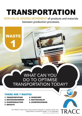 The TRACC Value Chain Improvement Solution is used by world class
organisations around the globe, in 14 languages.
www.traccsolution.com
THERE ARE 7 WASTES
1. TRANSPORTATION		 2. INVENTORY
3. MOTION/MOVEMENT		 4. WAITING/DELAY		
5. OVERPRODUCTION		 6. OVERPROCESSING	
7. DEFECTS
NON-VALUE-ADDING MOVEMENT of products and materials
between production processes.
TRANSPORTATION
WHAT CAN YOU
DO TO OPTIMISE
TRANSPORTATION TODAY?
1
WASTE
THERE ARE 7 WASTES
1. TRANSPORTATION		 2. INVENTORY
3. MOTION/MOVEMENT		 4. WAITING/DELAY		
5. OVERPRODUCTION		 6. OVERPROCESSING	
7. DEFECTS
TRACC
 