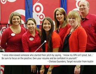 “I once interviewed someone who started their pitch by saying, ‘I know my GPA isn’t great, but…’
Be sure to focus on the positive. Own your resume and be confident in yourself.” 					
										 – Chelsea Saunders, Target recruiter from Austin
 