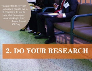 2. Do Your Research
“You can’t talk to everyone,
so narrow it down to five to
10 companies. Be sure to
know what the company
you’re speaking to does.”
– Angela Biscardi
AON Corp.
 