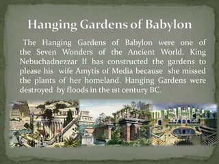 The Hanging Gardens of Babylon were one of
the Seven Wonders of the Ancient World. King
Nebuchadnezzar II has constructed the gardens to
please his wife Amytis of Media because she missed
the plants of her homeland. Hanging Gardens were
destroyed by floods in the 1st century BC.
 
