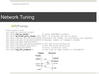 Copyright Severalnines AB
Network Tuning
!TCP tuning
14
#/etc/sysctl.conf
net.ipv4.ip_nonlocal_bind=1
net.ipv4.tcp_tw_reuse=1 # reuse TIME-WAIT sockets
net.ipv4.ip_local_port_range=1024 65023 # increase max num of ports
net.ipv4.tcp_max_syn_backlog=40000 #Increase the number of outstanding syn requests
net.ipv4.tcp_max_tw_buckets=400000 # Maximal number of timewait sockets
net.ipv4.tcp_max_orphans=60000
net.ipv4.tcp_max_syn_backlog=40000 # TCP SYN Flood Protection
net.ipv4.tcp_synack_retries=3 # TCP SYN Flood Protection
net.core.somaxconn=40000 # burst connection rate
net.ipv4.tcp_fin_timeout=5 # how long to keep sockets in FIN-WAIT-2
 