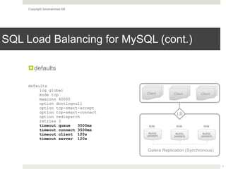 Copyright Severalnines AB
SQL Load Balancing for MySQL (cont.)
!defaults
7
MySQL
[WSREP]
Galera Replication (Synchronous)
LB
MySQL
[WSREP]
MySQL
[WSREP]
R/W R/W R/W
Client Client Client
defaults
log global
mode tcp
maxconn 40000
option dontlognull
option tcp-smart-accept
option tcp-smart-connect
option redispatch
retries 3
timeout queue 3500ms
timeout connect 3500ms
timeout client 120s
timeout server 120s
 
