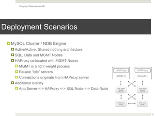 Copyright Severalnines AB
Deployment Scenarios
21
!MySQL Cluster / NDB Engine
! Active/Active, Shared nothing architecture
! SQL, Data and MGMT Nodes
! HAProxy co-located with MGMT Nodes
! MGMT is a light weight process
! Re-use “idle” servers
! Connections originate from HAProxy server
! Additional latency
! App Server <-> HAProxy <-> SQL Node <-> Data Node
NDB Data
Node
NDB Data
Node
(MGMT)
HAProxy
(MGMT)
HAProxy
SQL Node 
MySQL
Server
SQL Node 
MySQL
Server
 