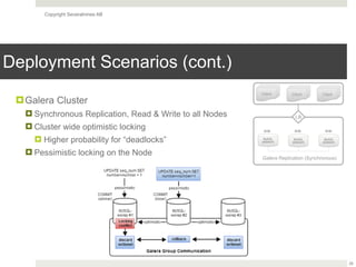 Copyright Severalnines AB
Deployment Scenarios (cont.)
26
!Galera Cluster
! Synchronous Replication, Read & Write to all Nodes
! Cluster wide optimistic locking
! Higher probability for “deadlocks”
! Pessimistic locking on the Node
MySQL
[WSREP]
Galera Replication (Synchronous)
LB
MySQL
[WSREP]
MySQL
[WSREP]
R/W R/W R/W
Client Client Client
 