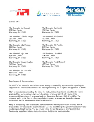 Letter Sent by 3 Top PA Drilling Groups to Legislators Urging Restraint on Severance Tax