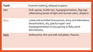 Teeth Enamel mottling, delayed eruption
Hair Dull, sparse, brittle hair, hypopigmentation, flag sign
(alternating bands of light and normal color), alopecia
Skin Loose and wrinkled (marasmus), shiny and edematous
(kwashiorkor), dry, patchy hyper- and
hypopigmentation (crazy paving or flaky paint
dermatoses),
Nails Koilonychia, thin and soft nail plates, fissures.
 