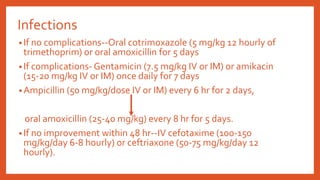 Infections
• If no complications--Oral cotrimoxazole (5 mg/kg 12 hourly of
trimethoprim) or oral amoxicillin for 5 days
• If complications- Gentamicin (7.5 mg/kg IV or IM) or amikacin
(15-20 mg/kg IV or IM) once daily for 7 days
• Ampicillin (50 mg/kg/dose IV or IM) every 6 hr for 2 days,
oral amoxicillin (25-40 mg/kg) every 8 hr for 5 days.
• If no improvement within 48 hr--IV cefotaxime (100-150
mg/kg/day 6-8 hourly) or ceftriaxone (50-75 mg/kg/day 12
hourly).
 
