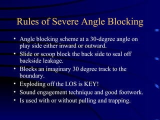 Rules of Severe Angle Blocking Angle blocking scheme at a 30-degree angle on play side either inward or outward. Slide or scoop block the back side to seal off backside leakage. Blocks an imaginary 30 degree track to the boundary. Exploding off the LOS is KEY! Sound engagement technique and good footwork.  Is used with or without pulling and trapping.  