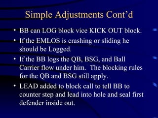 Simple Adjustments Cont’d BB can LOG block vice KICK OUT block. If the EMLOS is crashing or sliding he should be Logged. If the BB logs the QB, BSG, and Ball Carrier flow under him.  The blocking rules for the QB and BSG still apply.  LEAD added to block call to tell BB to counter step and lead into hole and seal first defender inside out. 
