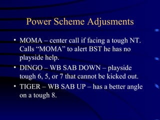 Power Scheme Adjusments MOMA – center call if facing a tough NT.  Calls “MOMA” to alert BST he has no playside help. DINGO – WB SAB DOWN – playside tough 6, 5, or 7 that cannot be kicked out. TIGER – WB SAB UP – has a better angle on a tough 8. 