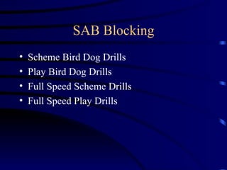 SAB Blocking Scheme Bird Dog Drills Play Bird Dog Drills Full Speed Scheme Drills Full Speed Play Drills 